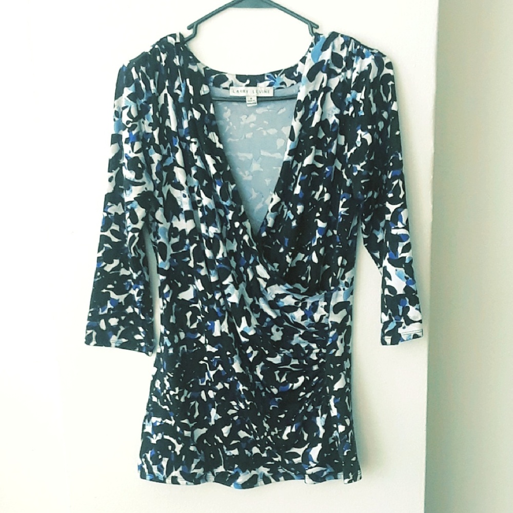LARRY LEVINE WOMENS KNIT TOP FAUX WRAP 3/4 SLEEVES